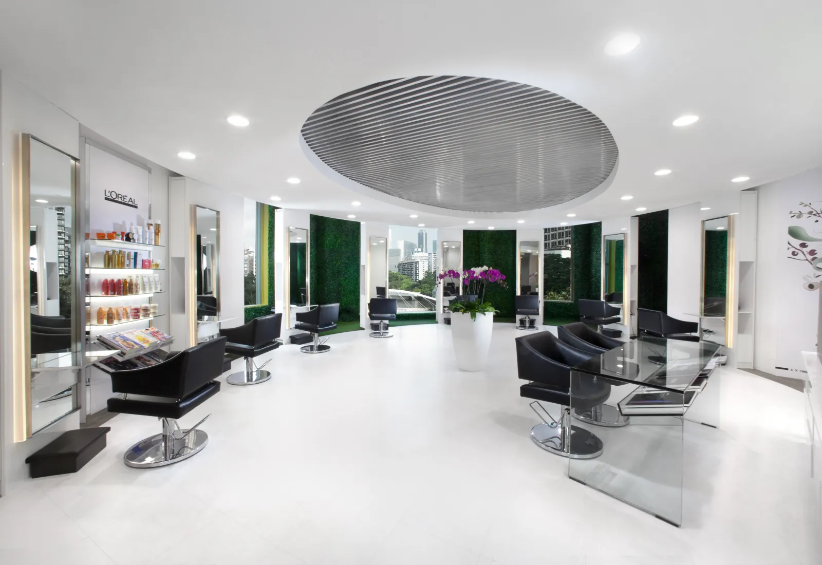 The main salon floor with living green walls